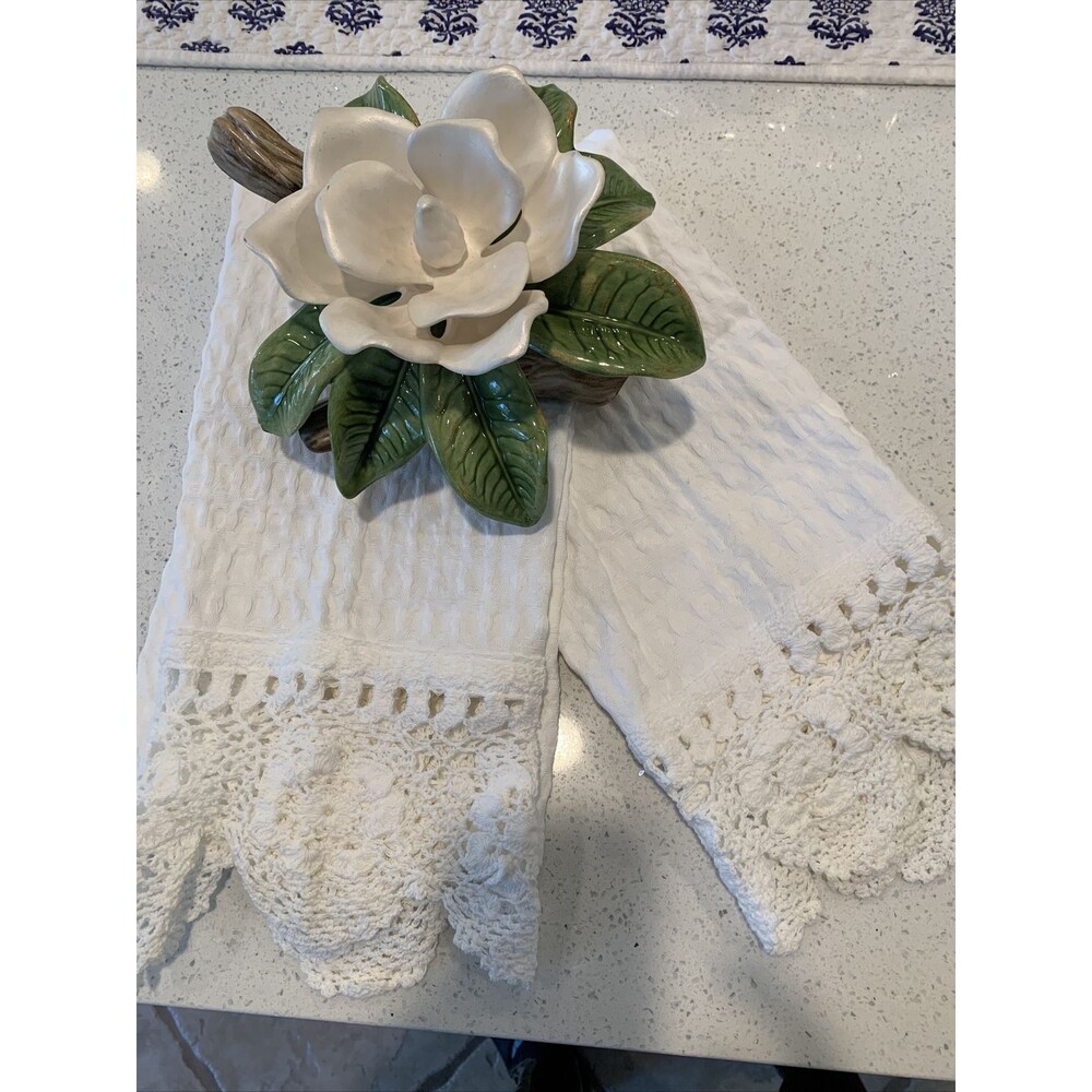 vintage handmade crochet White kitchen towel Set Of 2